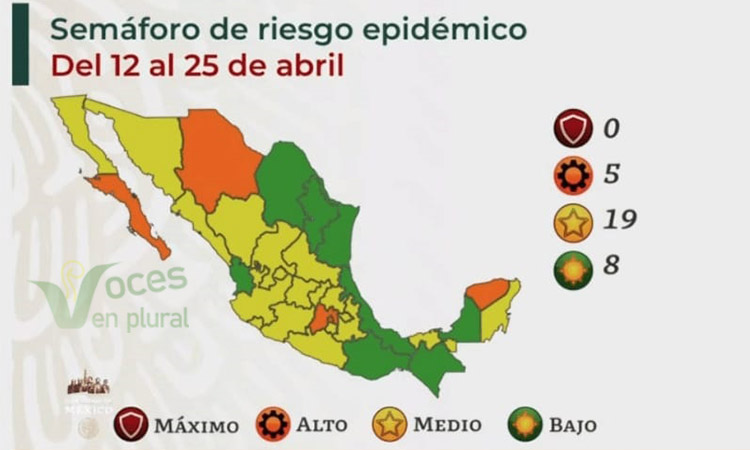 Ocho estados en semáforo epidemiológico verde y 19 en amarillo; cinco permanecen en naranja, informa la Ssa