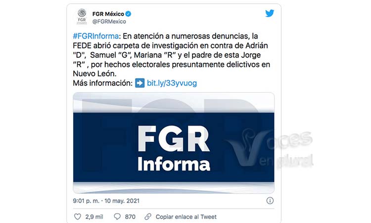 Abre la FGR investigación contra los candidatos del PRI y MC a gobernadores de Nuevo León por presuntos delitos electorales