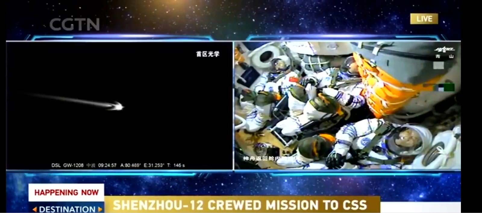 Llegan tres astronautas a estación espacial de China